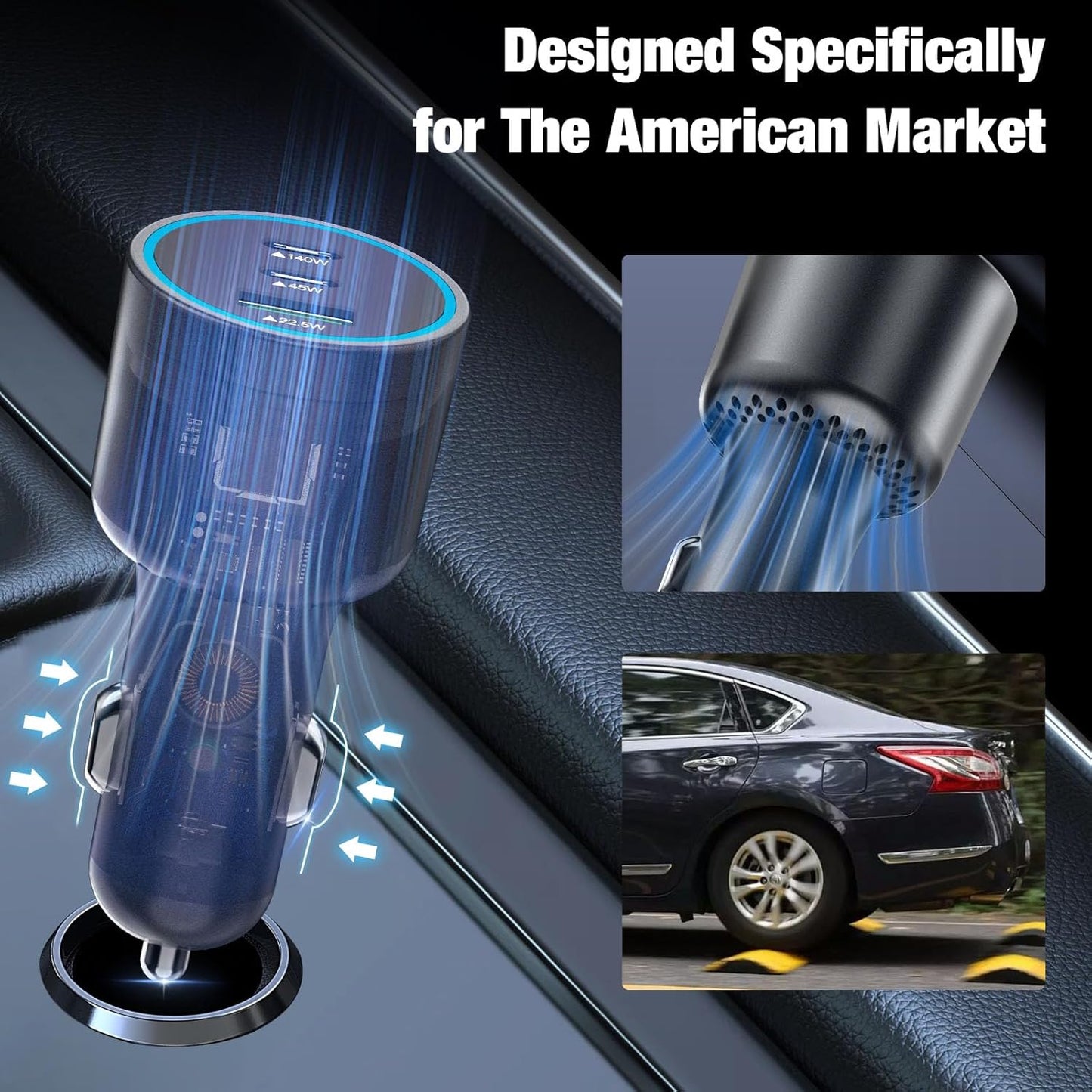 140W USB C Car Charger, Super Fast Charging for iPhone 16 Pro Max/MacBook Pro/Air/Samsung S25, Drone, PD3.1&PPS 45W Type C Cigarette Lighter Adapter, Laptop Car Charger with a 100W E-Mark Cord