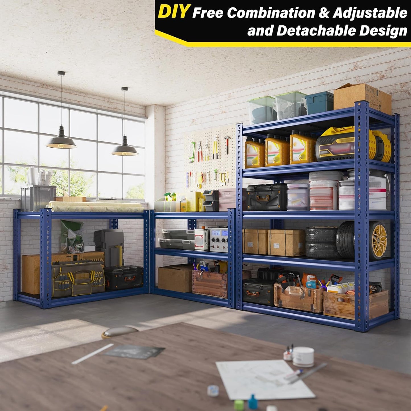 REIBII Garage Shelving 72" H Storage Shelves Sturdy Metal Shelves Heavy Duty 5 Tier Metal Shelving for Kitchen Closet Basement Warehouse 72" H x 32" W x 17.1" D Blue