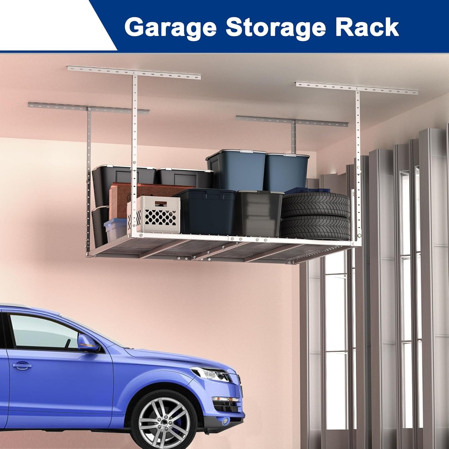 GIOTORENT 3x4FT Heavy Duty Overhead Garage Storage Rack - Adjustable Ceiling Shelving with 450lbs Weight Capacity, Metal Garage Organization System, White