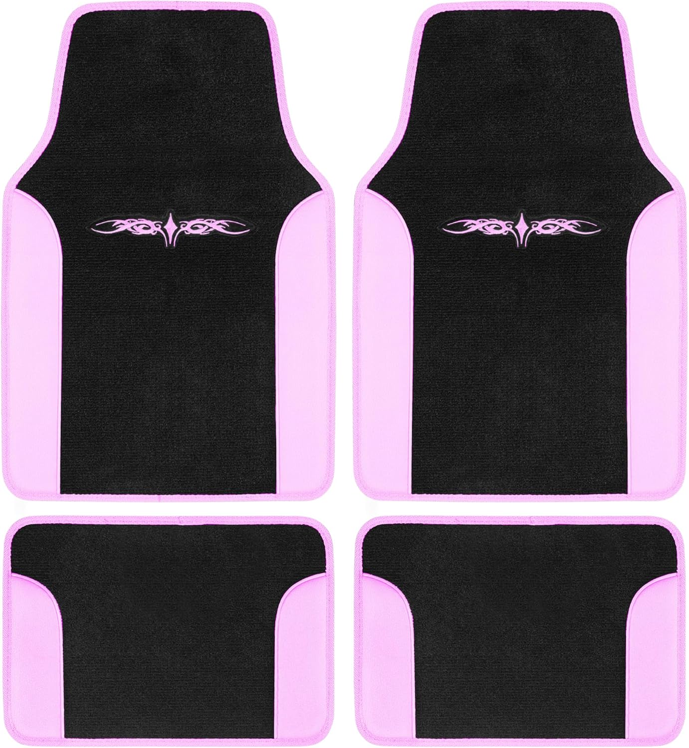 BDK carXS Fresh Two-Tone Carpet Floor Mats, Tribal Tattoo Design with Vinyl Trim for Car Sedan Truck SUV, Front & Rear Set of 4, Pink