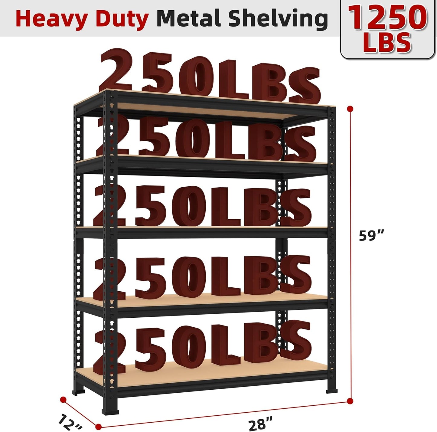 5-Shelf Heavy Duty Shelving - Adjustable Garage Storage Shelves, Metal Utility Storage Racks for Warehouse Pantry Basement Kitchen, Garage Organizers Shelf Unit, Black