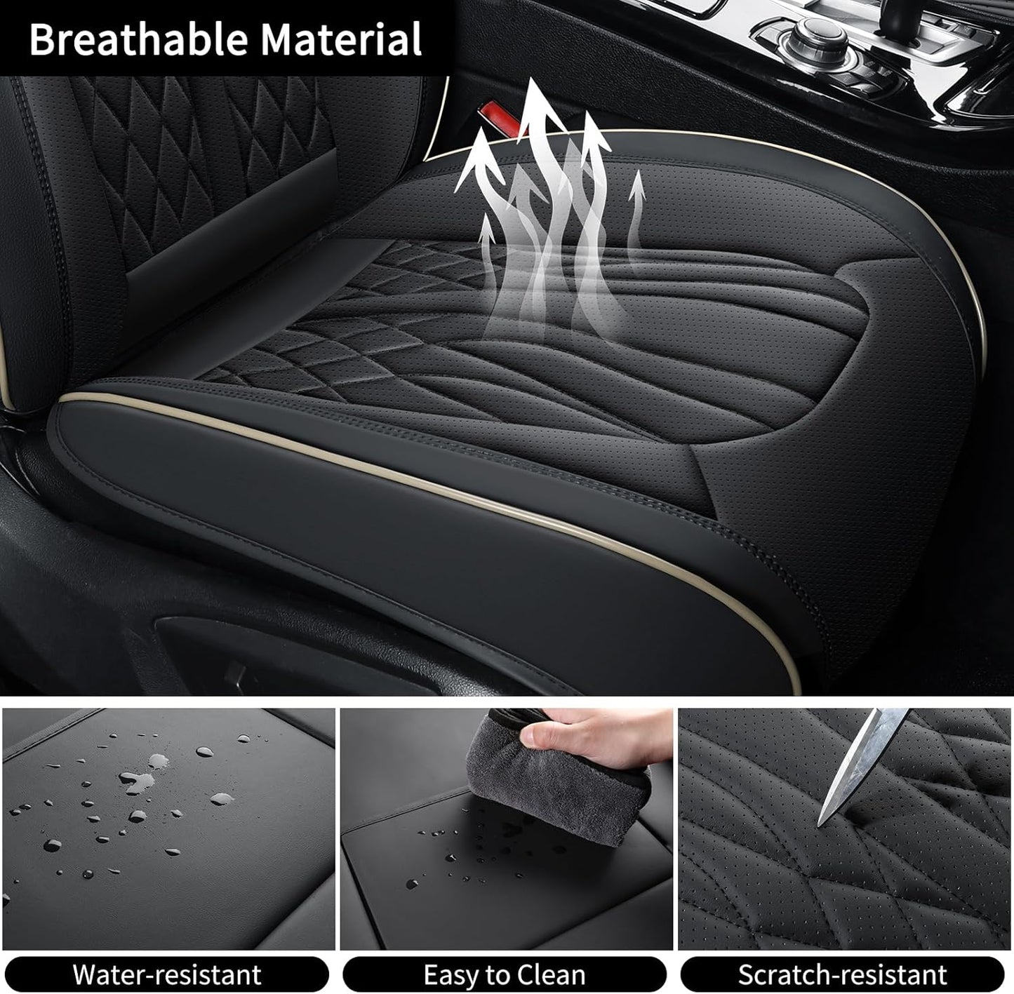 Seat Covers for Cars, Waterproof Seat Covers, Leather Car Seat Covers 2 Pack, Universal Seat Cushion Protector for Most Cars Black&Beige Line