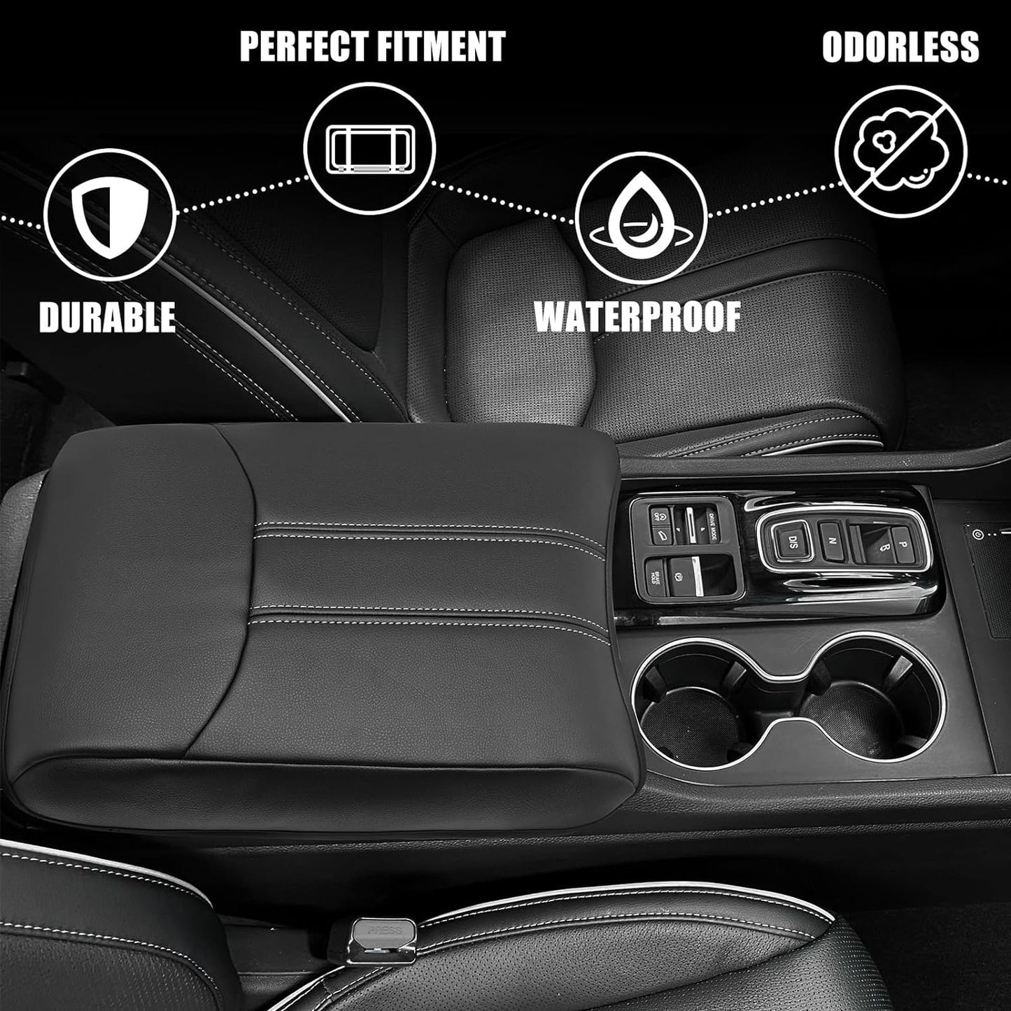 Muslogy Center Console Cover Compatible with Honda Pilot 2023 2024 2025, 2024-2026 Ridgeline/Passport Accessories Armrest Pad Lid Cushion Console Protector Vegan Leather Extra Soft(Black/White Trim)