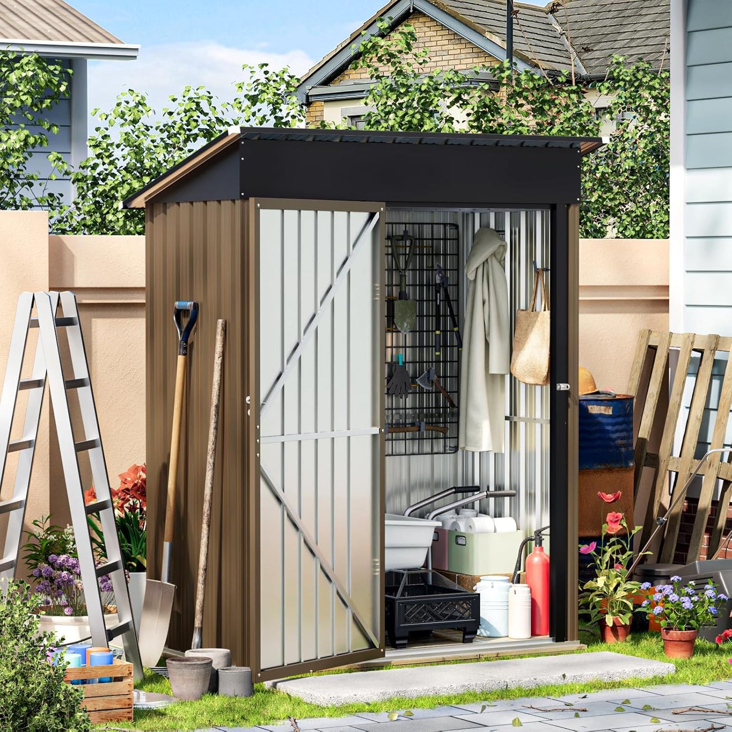 5X3FT Outdoor Steel Storage Shed with Lockable Doors, One Window,Ideal for Garden, Backyard, Patio Storage,Brown