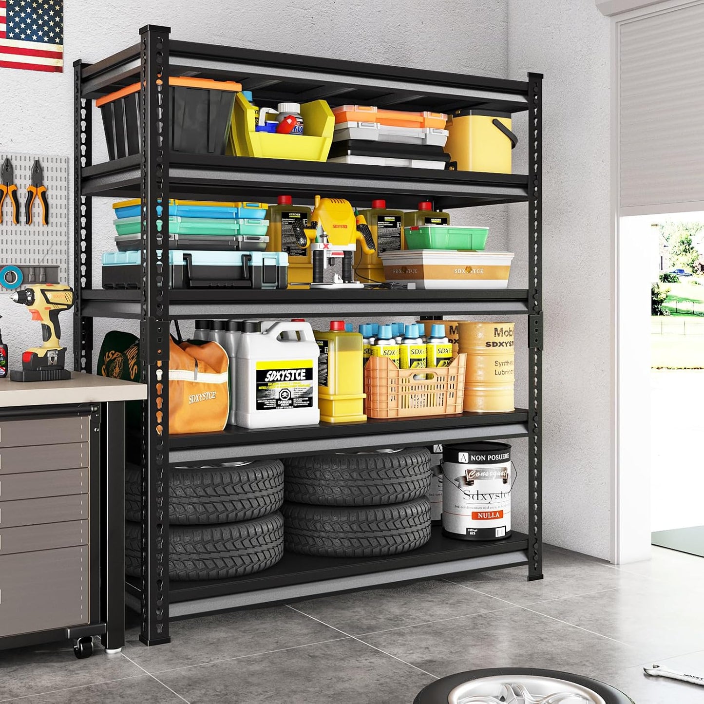 48" W Garage Shelving Heavy Duty, 2800LBS Loads Adjustable Garage Storage Shelves, 5-Tier Metal Shelving Units and Storage Racks, Industrial Utility Shelf,48" Wx18 Dx78 H, Black