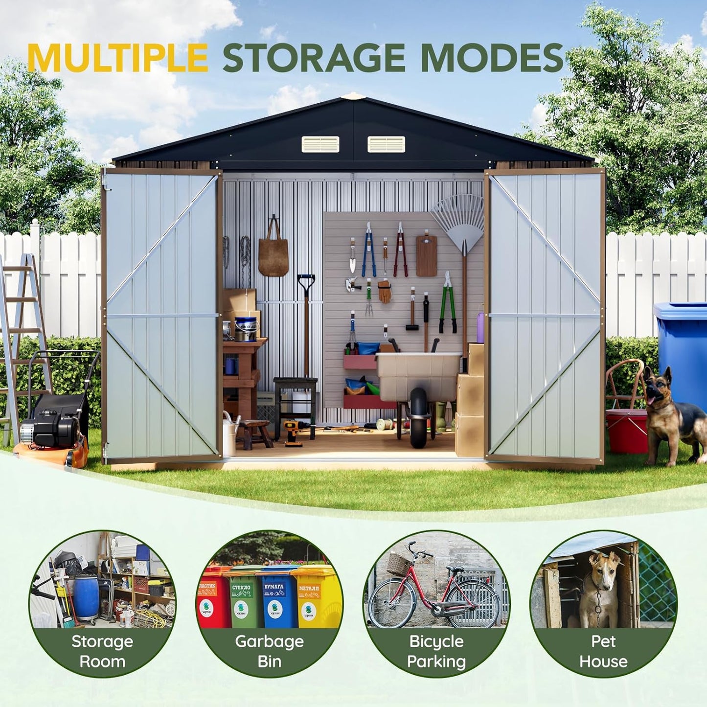 Breezz Outdoor Storage Shed 10 x 12 ft. Utility Tool Shed Metal Storage Garden Shed with Lockable Doors & Windows for Patio Storage,Brown