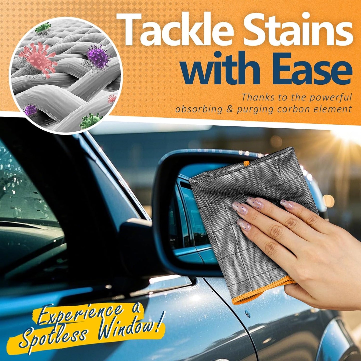 Airlab Carbon Microfiber Towels for Car Glass Window Polishing Cleaning Cloth Auto Detailing Lint Free Streak Free Drying Car Wash Towel, Pack of 3, 12" x 12", Grey-Orange