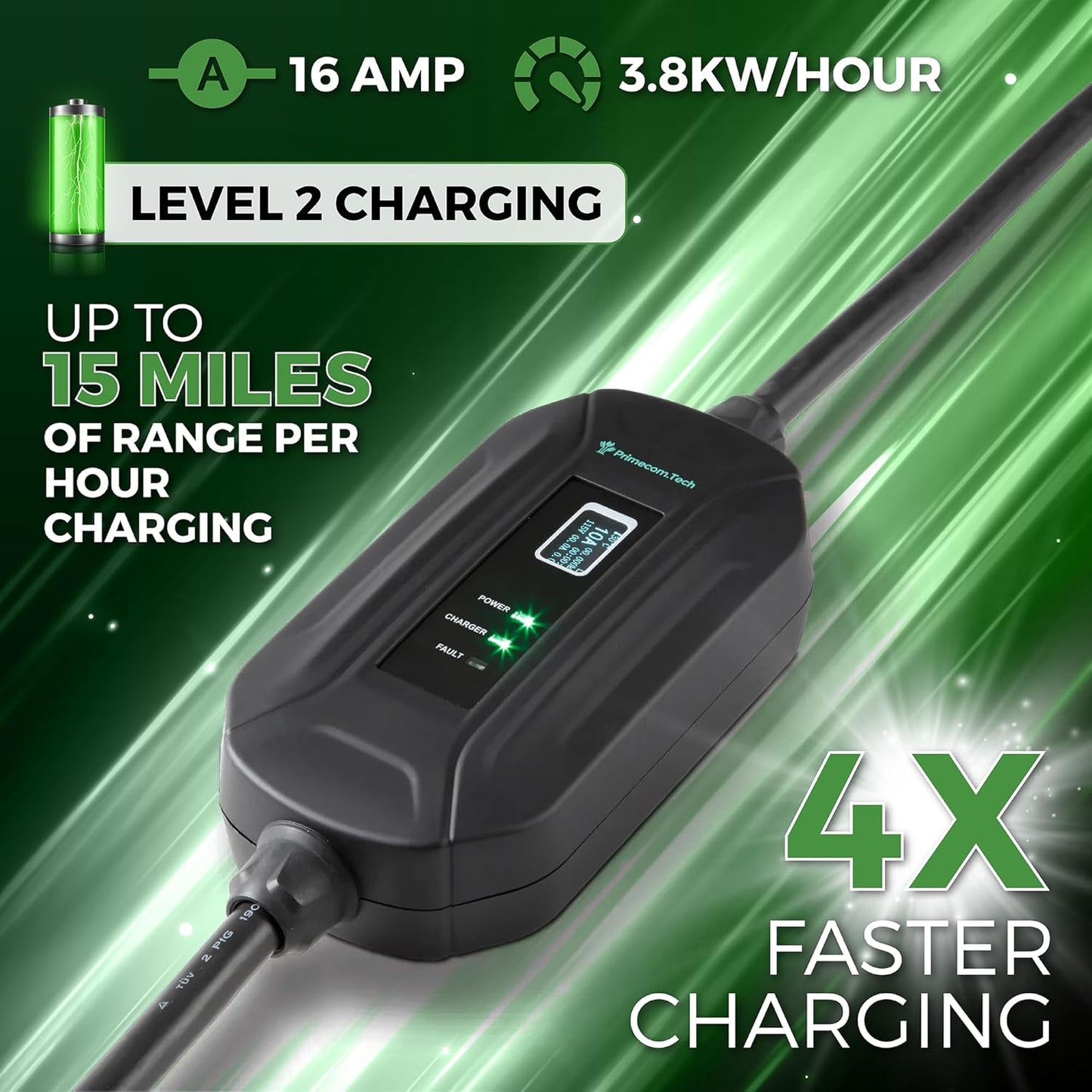 PRIMECOM Level 2 EV Charger 220/240V, 16A, 30ft & 50ft, Portable EVSE Electric Vehicle Charging Cable Compatible with Bolt Volt Leaf BMW i3 Fiat 500e Clarity NIRO Prius (6-50P, 30 Feet)