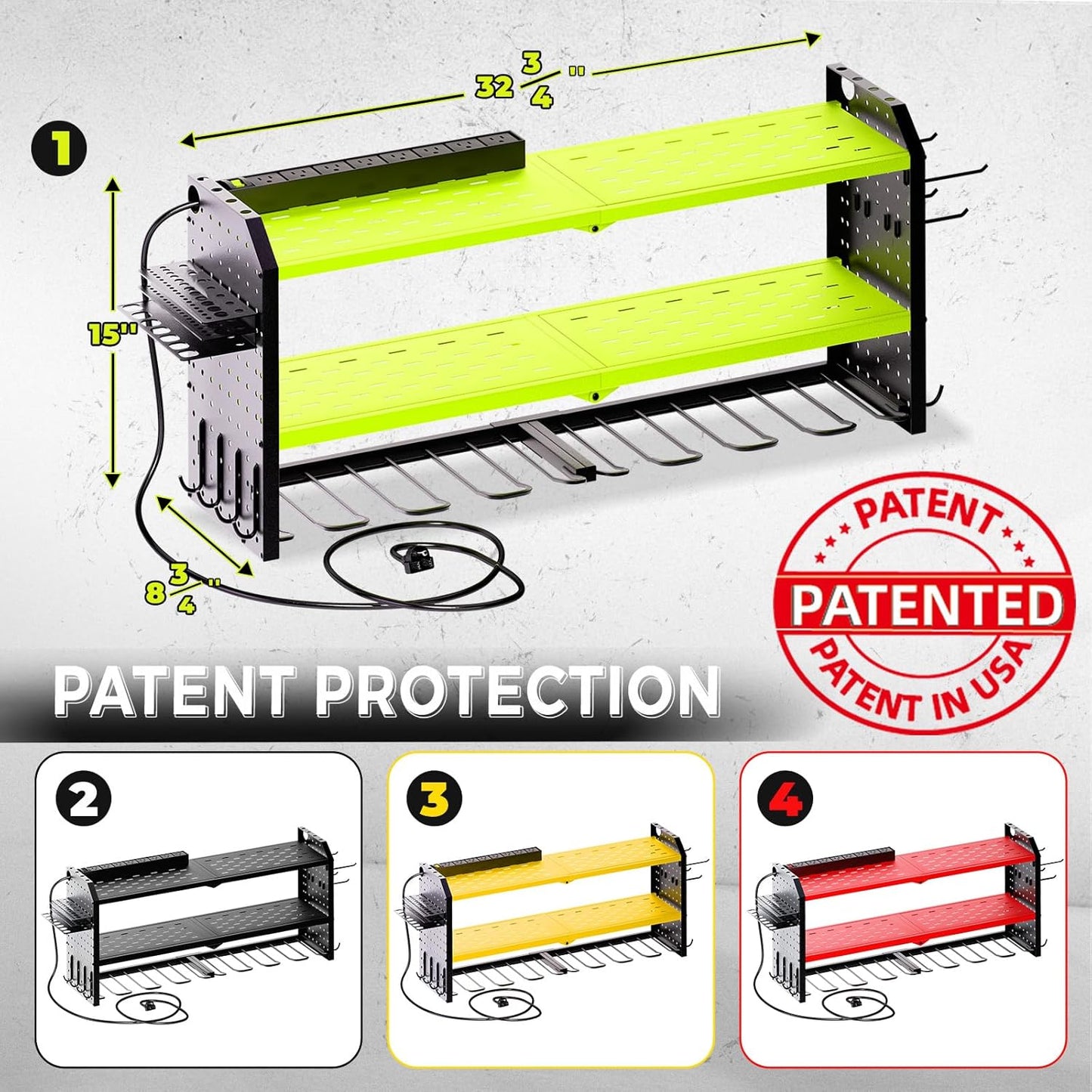 KAFAHOM Power Tool Organizer with Charging Station, Built in 8 Outlet Power Strip,Large 8 Drill Holder Wall Mount, Heavy Duty Metal Power Tool Storage Rack Tool Shelf for Garage Organization