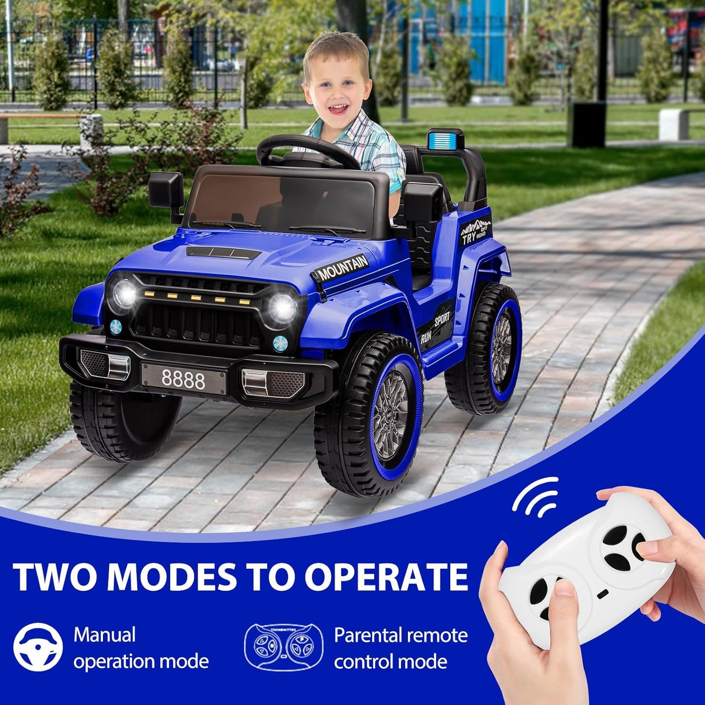 12V Kids Ride on Truck Car, w/Parent Remote Control, Twin 35w Motors, 3 Speeds, LED Lights, Music & Horn, Spring Suspension, Kids Electric Vehicles Toy for 3-5 Years Old Boys Girls Gift, Dark Blue