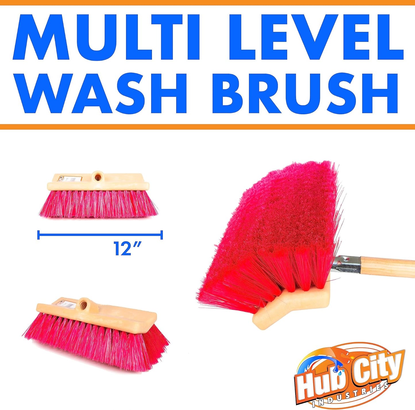 Hub City Industry 10- inch Car Wash Brush, Bi- Level Brush, Soft Nylon Bristle, car Accessories, Cleaning Supplies, Automotive wash Brush,Flagged Red Poly Bristle