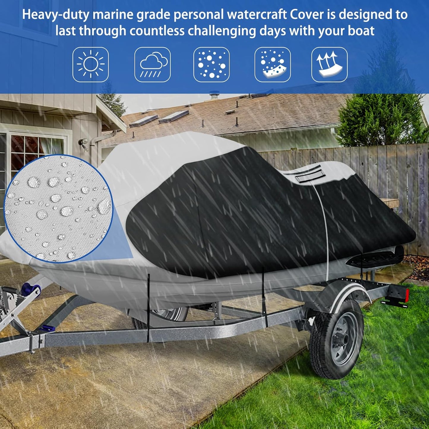 iCOVER Personal Watercraft Cover- Water Proof Heavy Duty Trailerable Jet Ski Covers for Seadoo Kawasaki Yamaha Wave Runner, Fits PWC Models Up to 125in Long