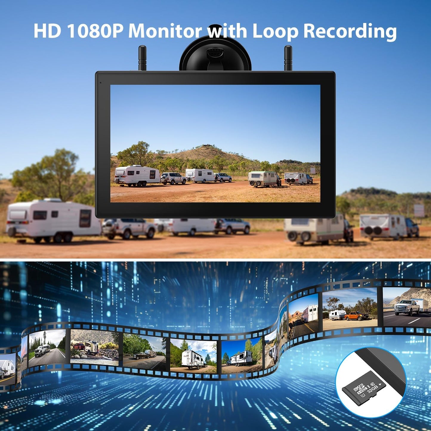 10.1" Magnetic Solar Wireless Backup Camera System, HD1080P Loop Recording 10.1 Inch Touchscreen Monitor with Quad RV Backup Cameras Wireless System for RV Trailer Tractor Truck, BL101