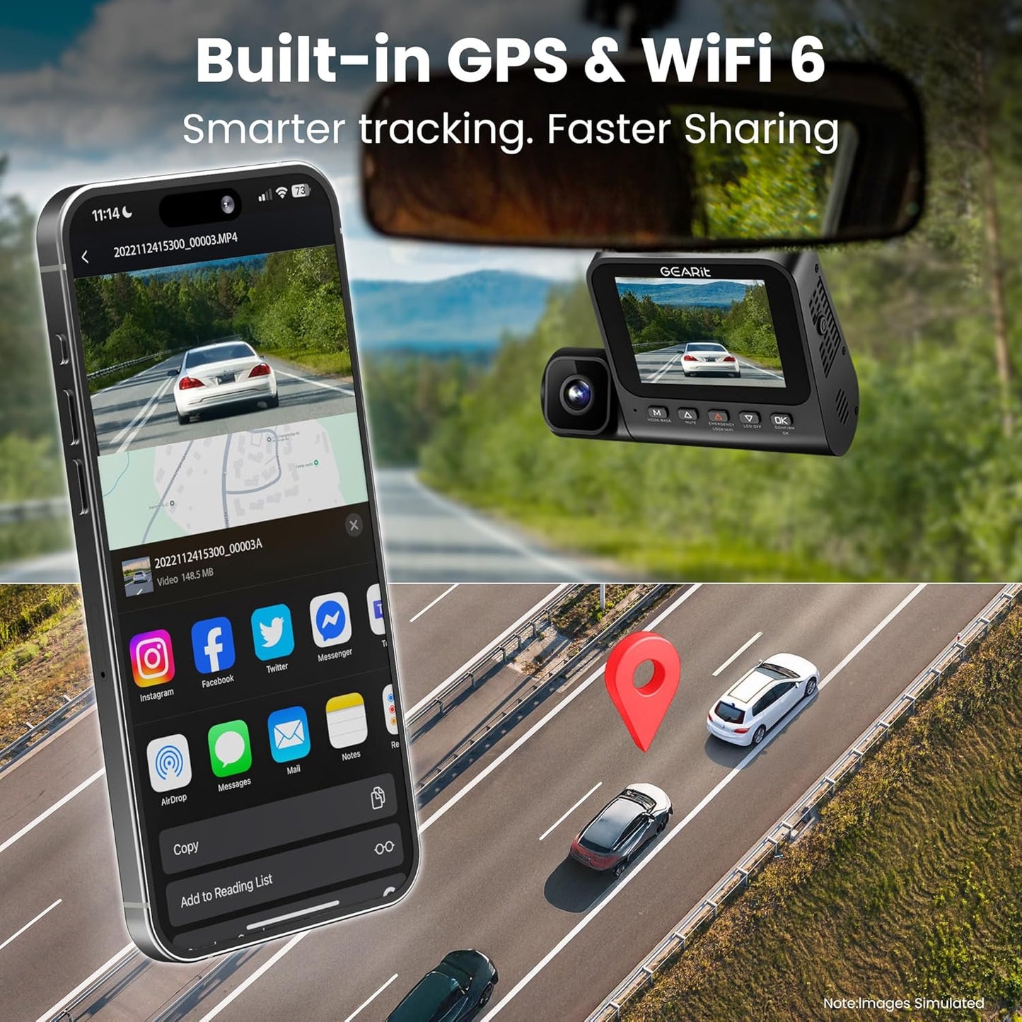 GEARit 3-Channel Dash Cam - 4K Front and Rear Dash Camera for Cars - Front, Inside, Rear Recording - 24/7 Coverage - Triple Dashcam with Night Vision and Loop Recording - Ideal Car Camera System