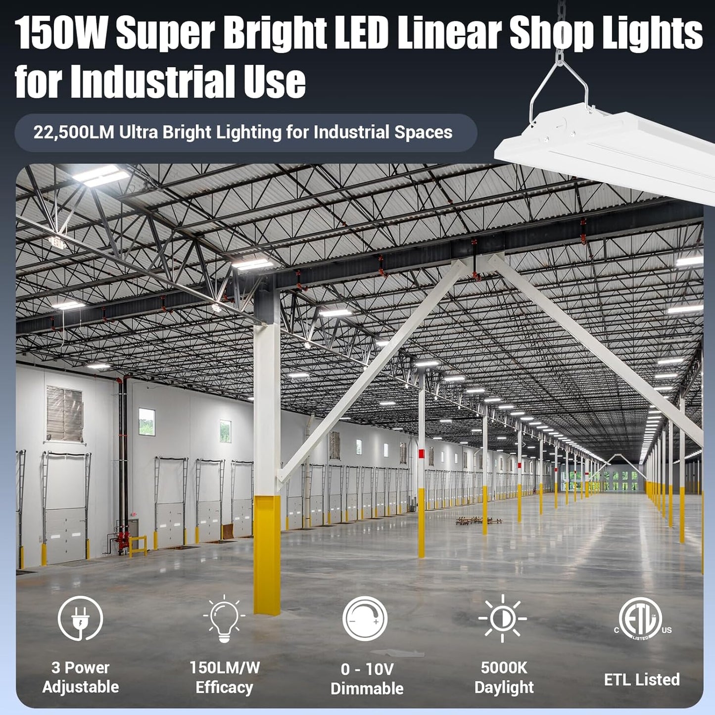 150W 2 Pack 2FT LED Linear High Bay Shop Light Fixture, Indoor Area Workshop Garage 5000K, Hanging Warehouse Lights, Industrial