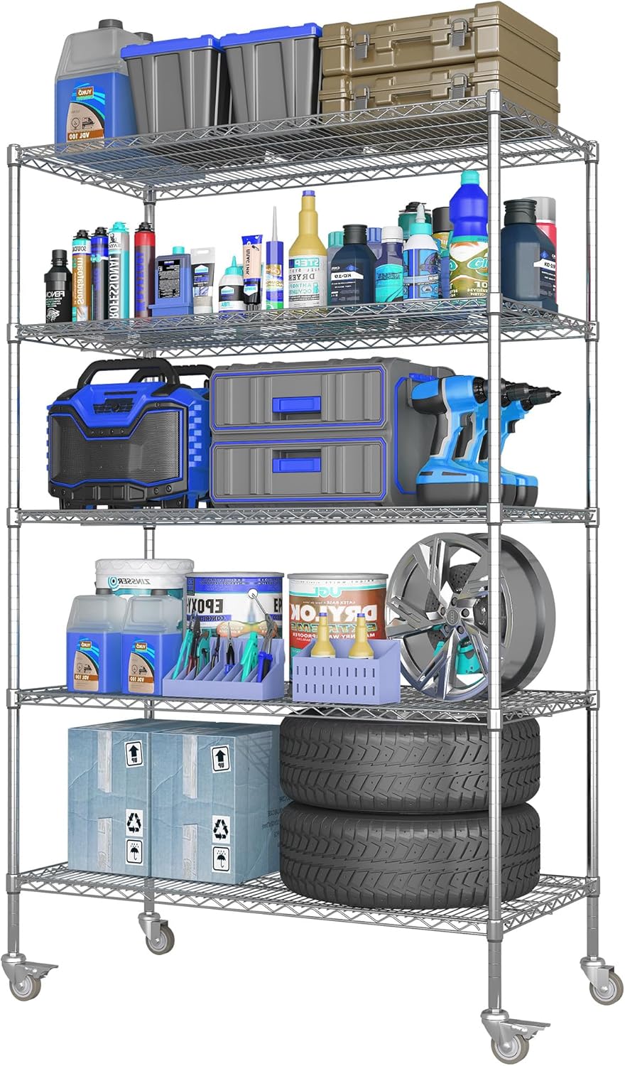 5 Tier Metal Shelving Unit with Wheels, 72" H x 48”W x 24”D Industrial Storage Shelves 1500 LBS Load Capacity, Steel Wire Storage Shelving for Garage, Kitchen, Pantry, Living Room