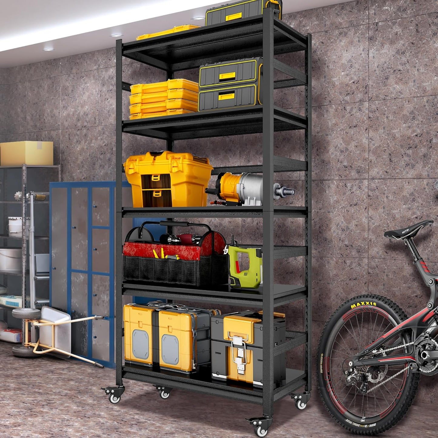 TOPKEY Metal Storage Shelf Garage Storage Shelves, Heavy Duty 5-Tier Utility Shelves for Kitchen, Warehouse, Pantry Shelves with Wheels, 72" H Adjustable Basement Storage Rack, Load 1750LBS