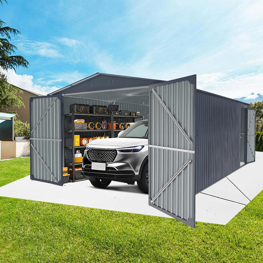KUIKUI Metal Garage Shed Without Floor, 10x20FT Heavy Duty Outdoor Shed and Storage with 2 Doors and 4 Vents, Car Sheds Outdoor Garage