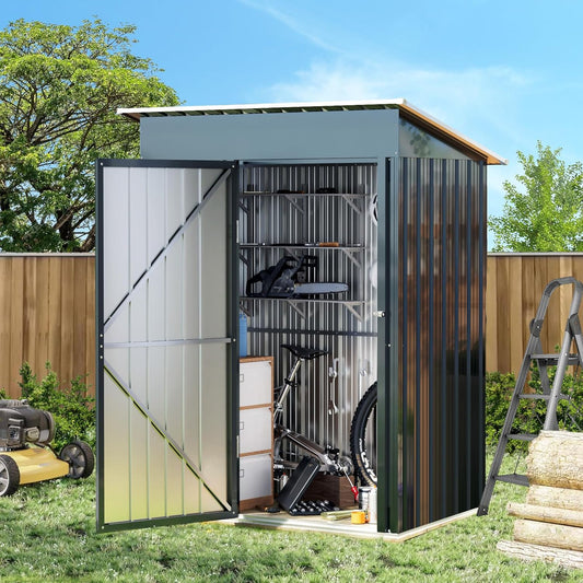 Breezz 5x3FT Vertical Outdoor Steel Storage Shed, Lockable Doors, Compact Metal Tool Shed for Garden, Backyard, Patio, Utility, and Bike Storage