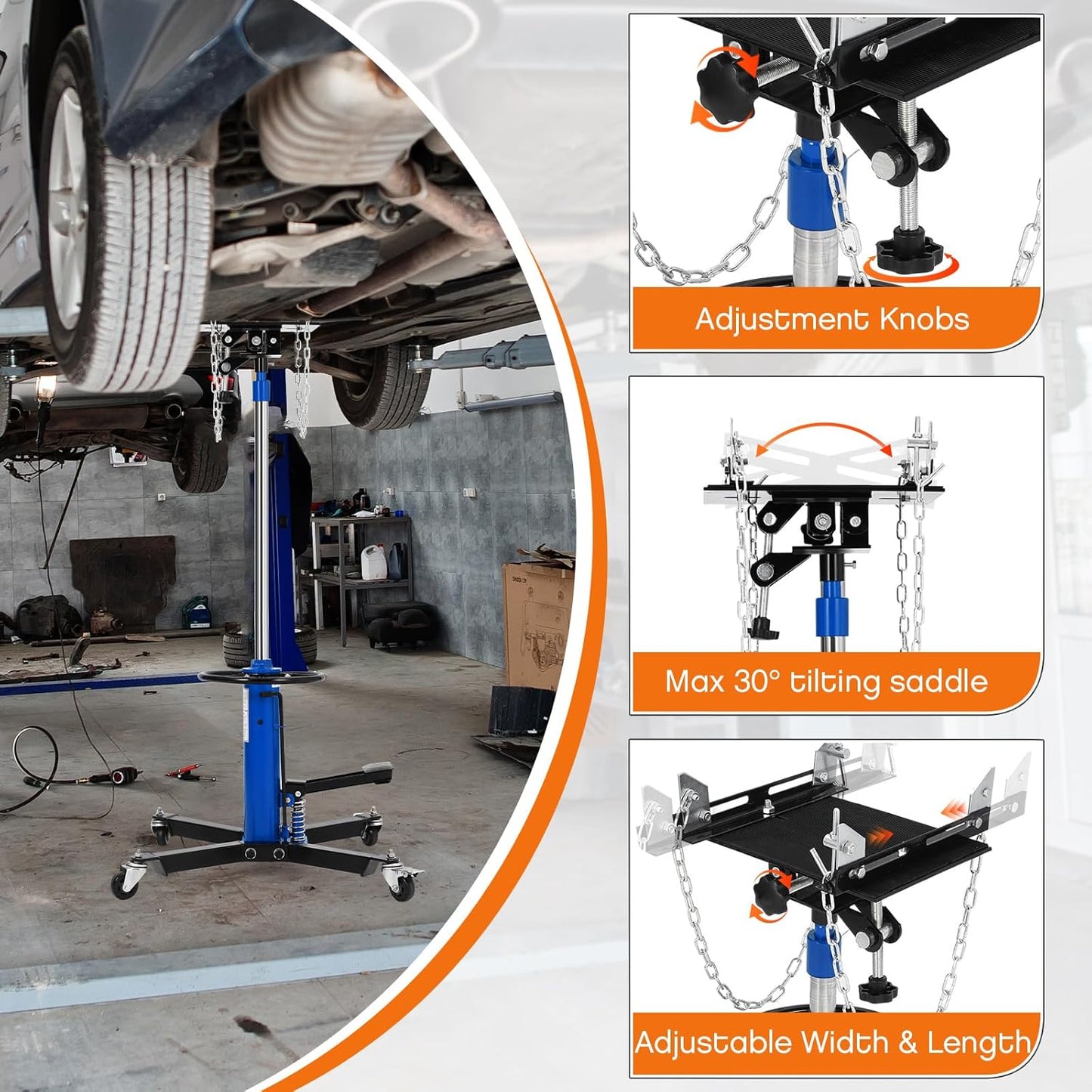 Transmission Jack, 1322lbs (3/5 Ton), 2-Stage Hydraulic Telescopic Jacks, Lifts 34"-68", with Foot Pedal & 360° Swivel Wheels, Ideal for Garage and Car Lifting, Heavy-Duty, Blue