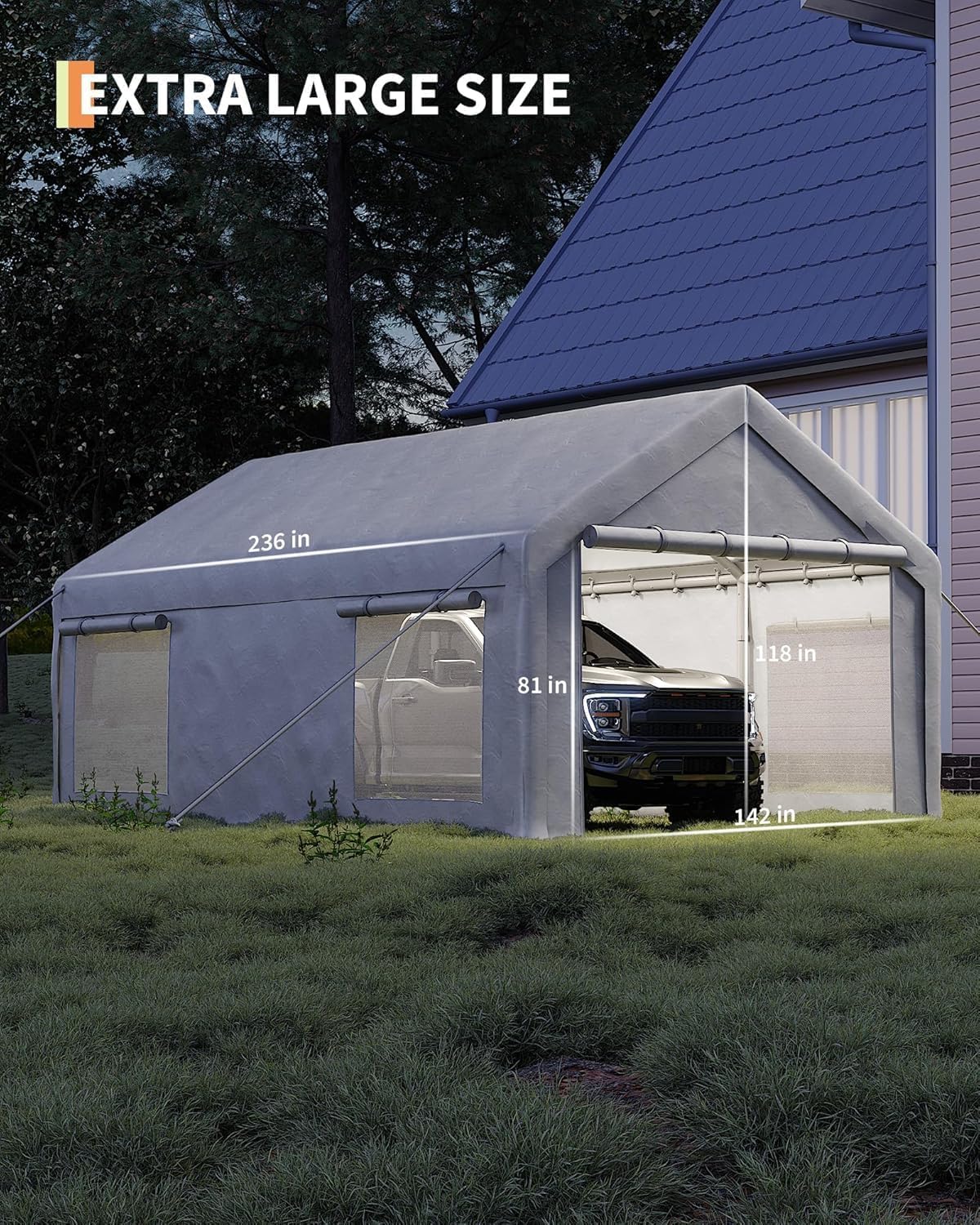 12 x 20FT Heavy Duty Carport with Roll-Up Windows, Portable Garage with Removable Sidewalls & Doors, Portable Car Tent Garage with Roll-Up Windows and All-Season Tarp, for Car, Truck,