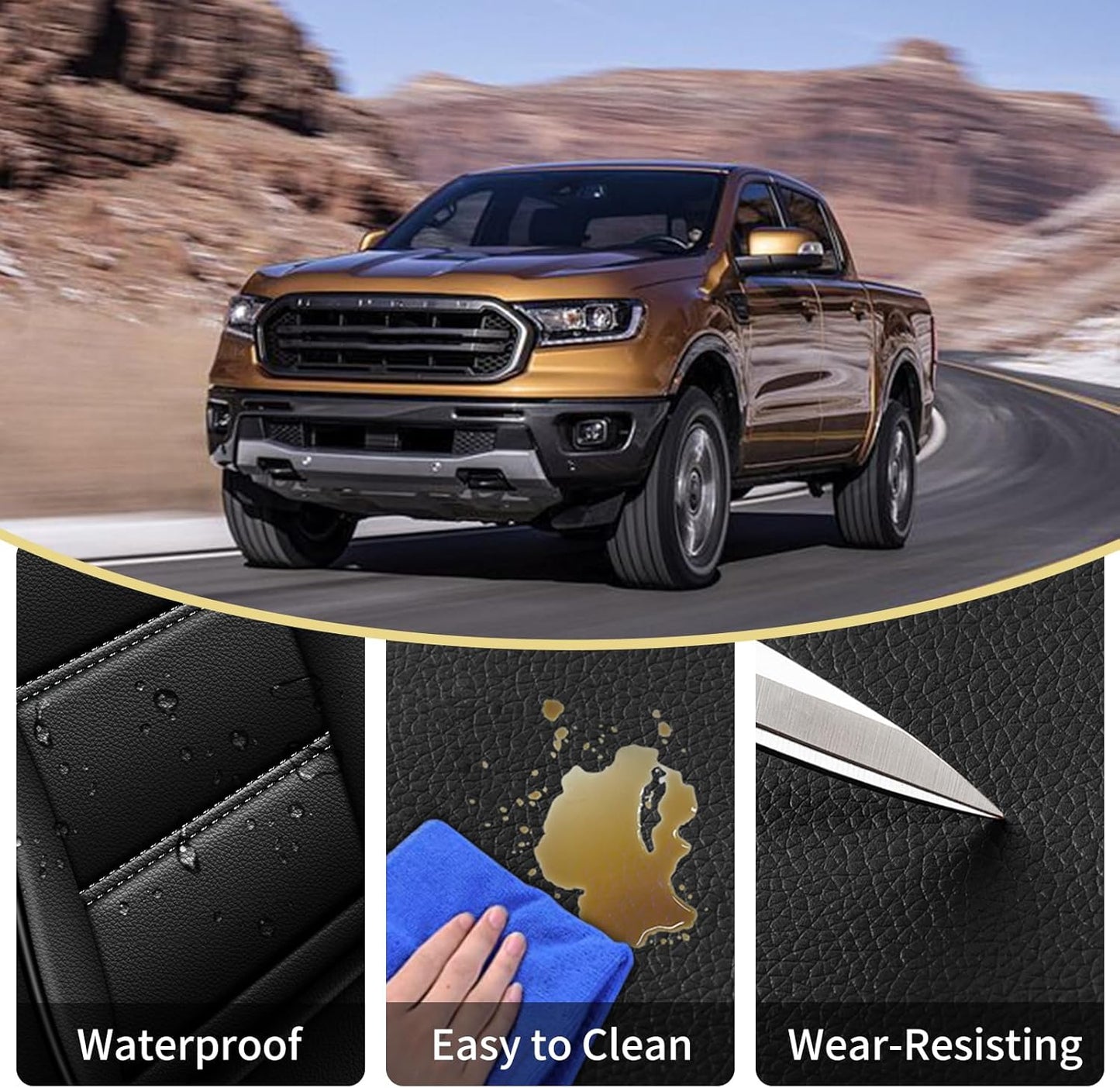 AOMSAZTO Ford Ranger Seat Covers: Full Set Custom Fit 2019 2020 2021 2022 2023 2024 2025 Ford Ranger XLT/XL/Lariat Waterproof Leather Seat Protector(5 Seats, Black)