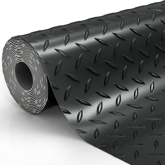 4x6 FT Garage Floor Mat, Thickned Diamond Plate Garage Flooring Roll 24sqtt PVC Rubber Trailer Mat Non-Slip Floor Protector for Garage, Home Gym, Basement, Golf Cart, Black