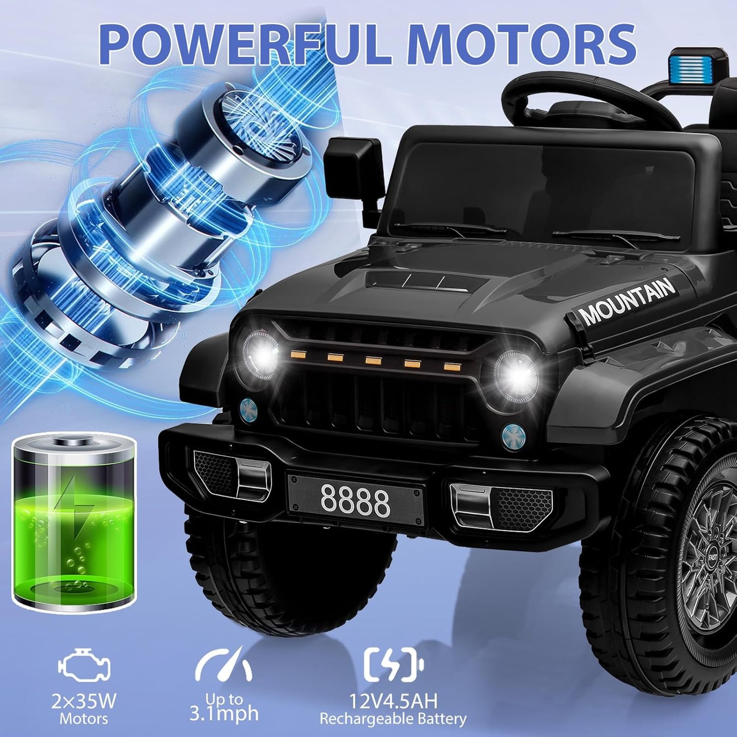 12V Kids Ride on Truck Car, w/Parent Remote Control, Twin 35w Motors, 3 Speeds, LED Lights, Music & Horn, Spring Suspension, Kids Electric Vehicles Toy for 3-5 Years Old Boys Girls Gift, Black