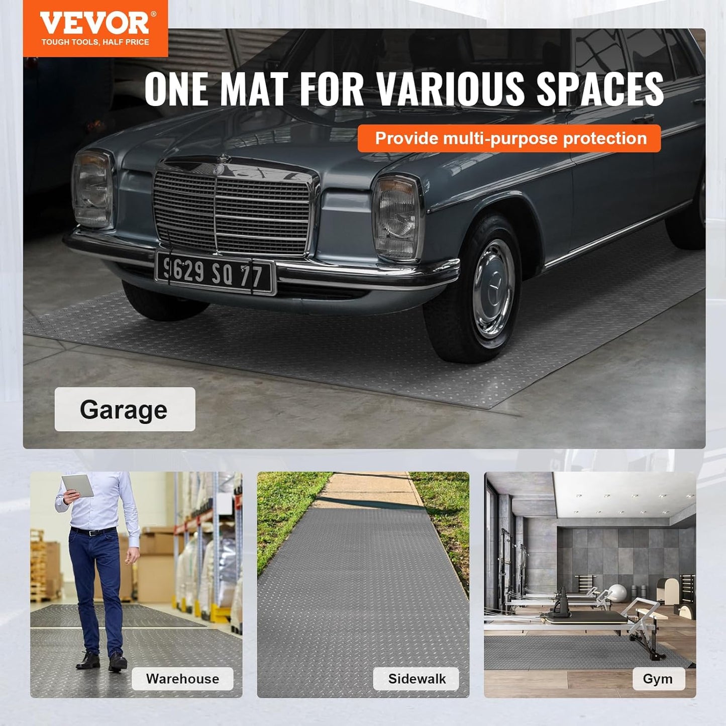 VEVOR Garage Floor Mat, 9.2 x 4.9 FT PVC Garage Flooring Roll, Non-Slip Diamond Texture, 45.21 sq.ft Covering Space, Garage Mats for Under Cars, for Gyms Boats Car Trailer, Silver