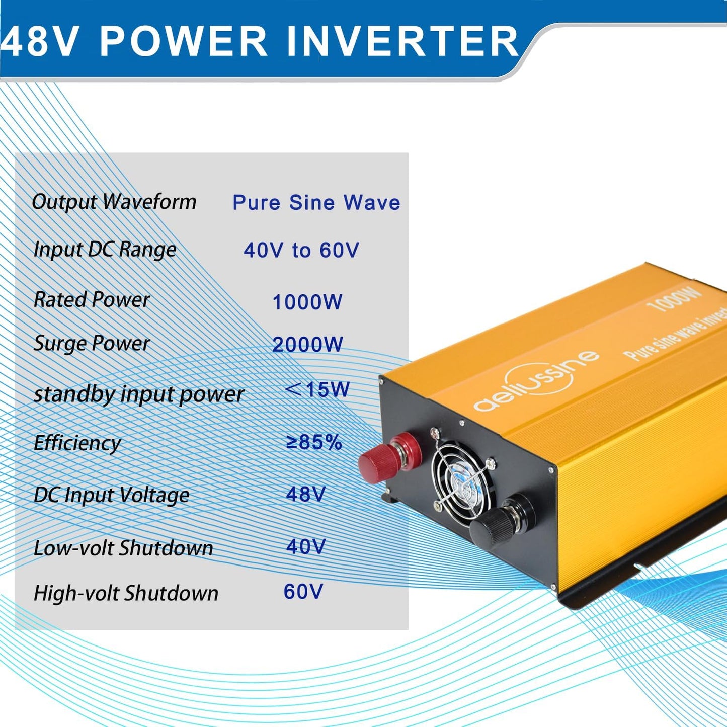 1000W Pure Sine Wave Inverter-48V DC to 110V 120V AC Power Converter with 2 AC Outlets, 48 Volt Power Inverter for Truck, Rv, Camping, Home, Emergency Power