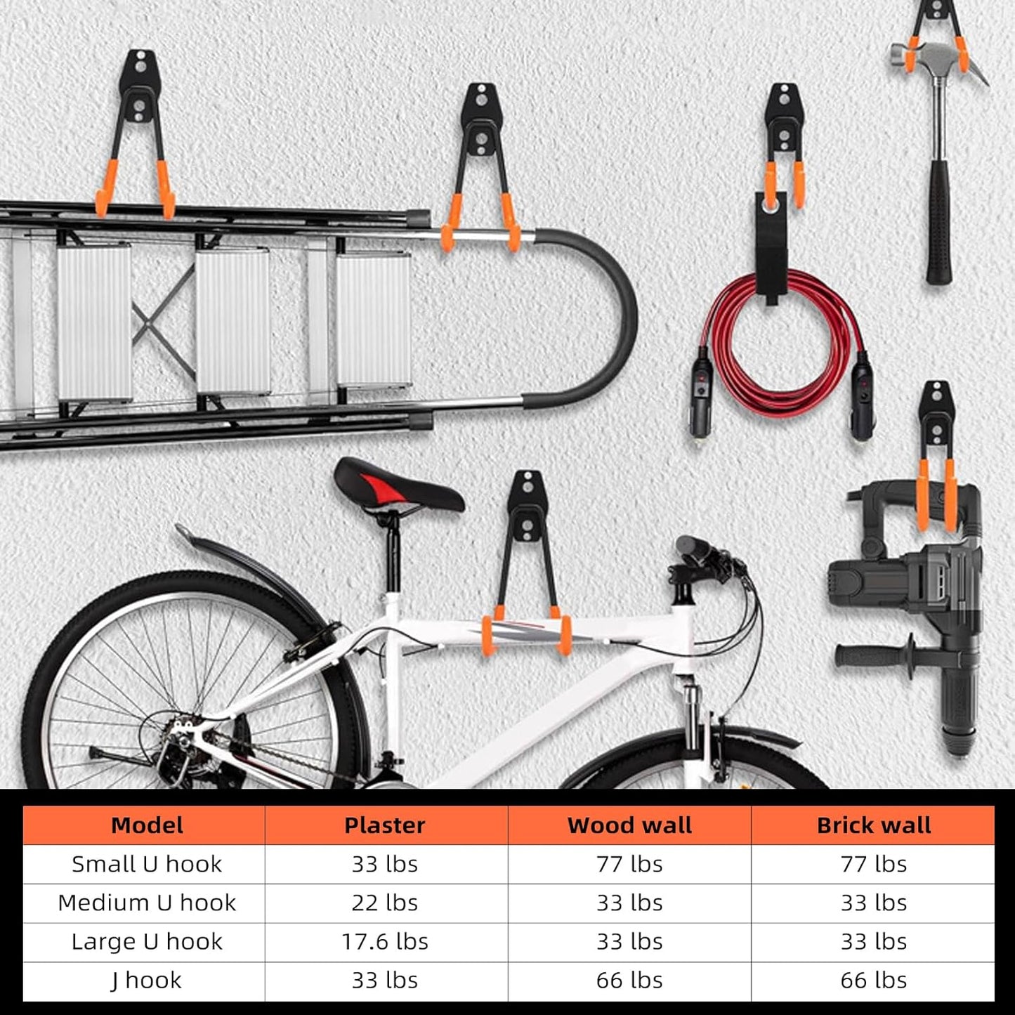 Garage Hooks, 6 Pack Medium Square Wall Hooks for Hanging Heavy Duty Ladders, Bikes, Tools Ideal for Garage, Garden, Basement Utility Room Storage (Orange)