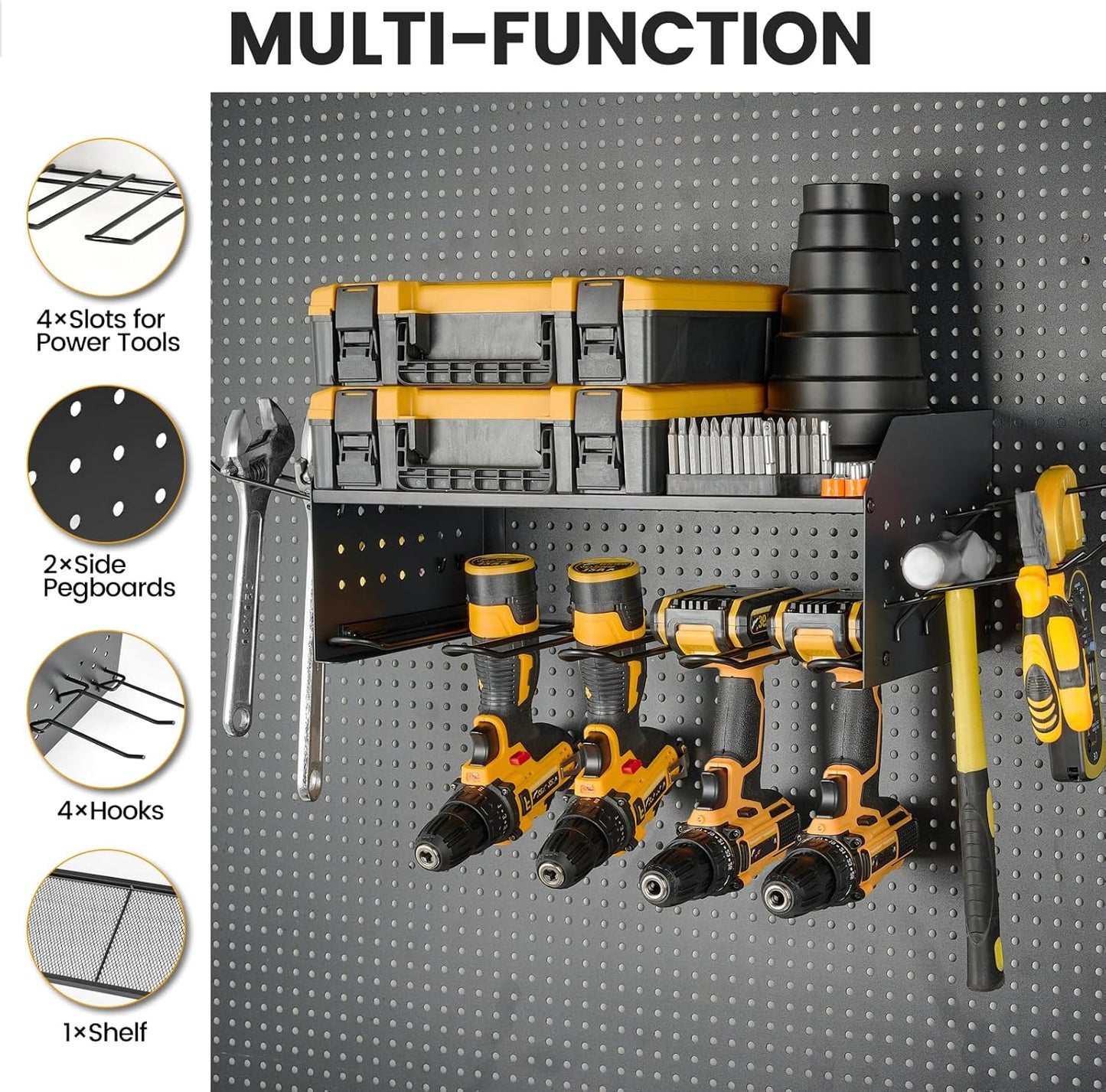 TRZZ Power Tool Organizer Wall Mount, 2-Tier Cordless Drill Rack with 4 Drill Holders and 2 Side Pegboards, Efficient Drill Storage for Garage, Tool Room, and Workshop (Black)