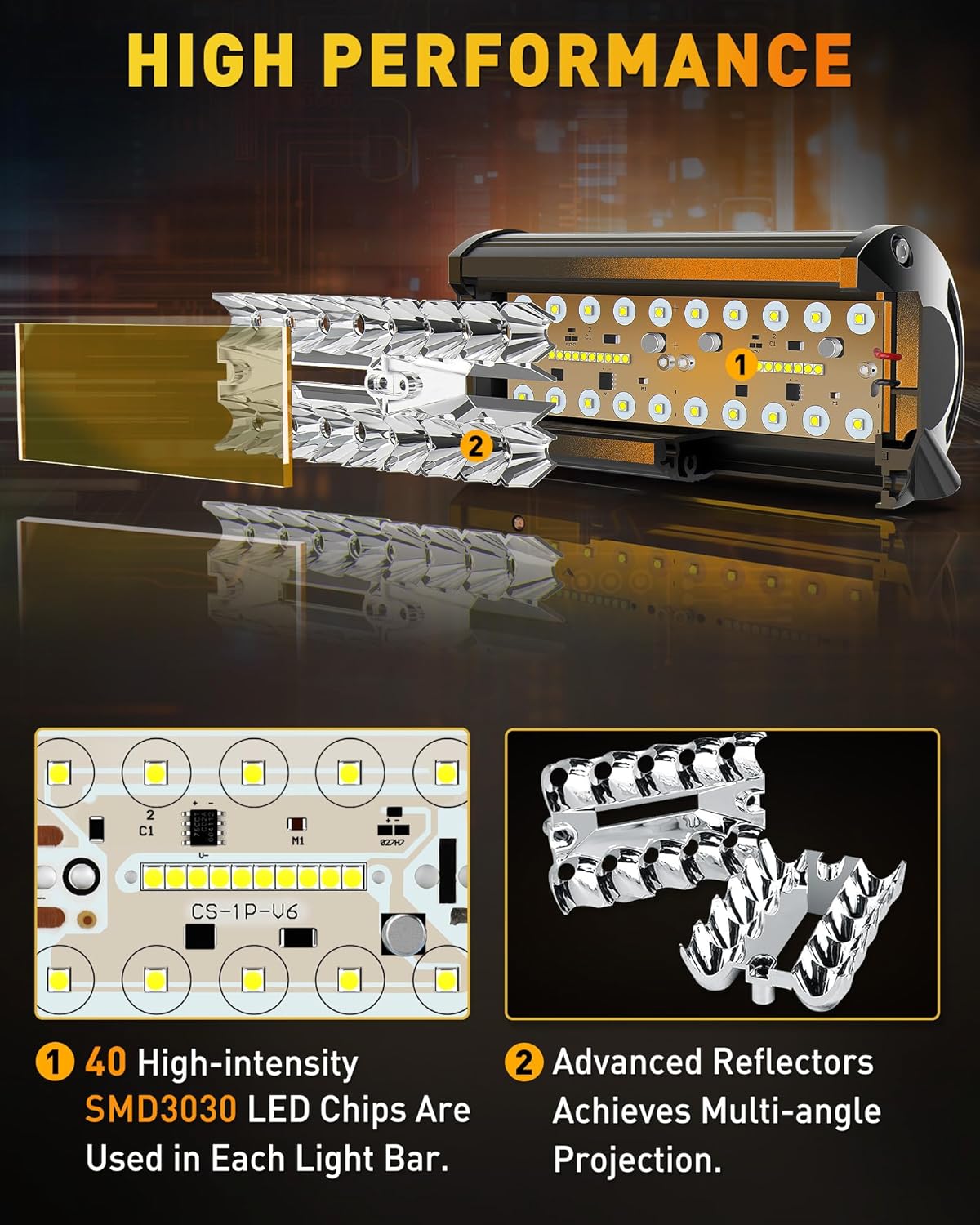 NAOEVO 7 Inch Amber LED Light Bar, 240W 24,000LM Offroad Fog/Driving Lights LED Pods with 2 Leads Wiring Harness Kit, Spot & Flood Work for Truck Boat UTV ATV, 2-Pack (Amber)