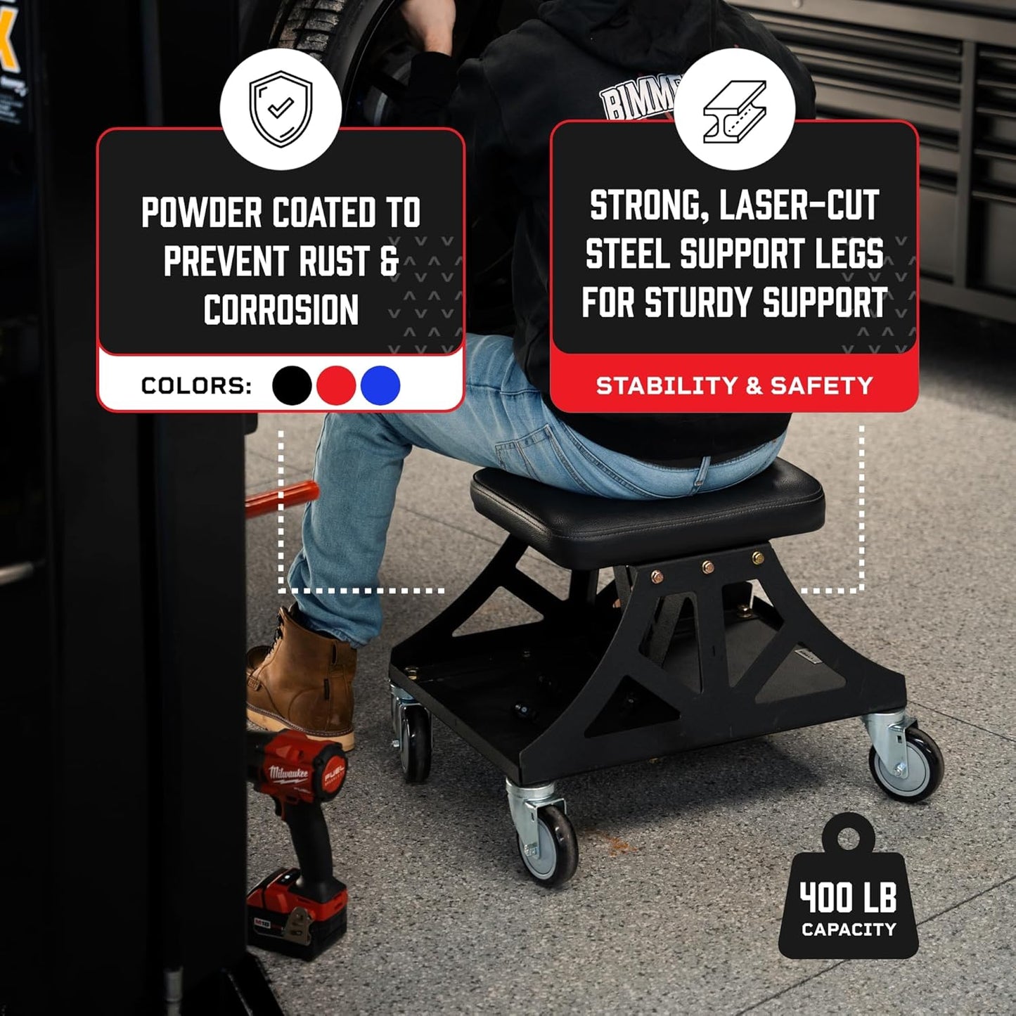 Vyper Low Pro Garage Stool with Removable Seat for Mechanics, Automotive, DIY - 400 lb Capacity Rolling Shop Chair (Black Seat, Black Frame)