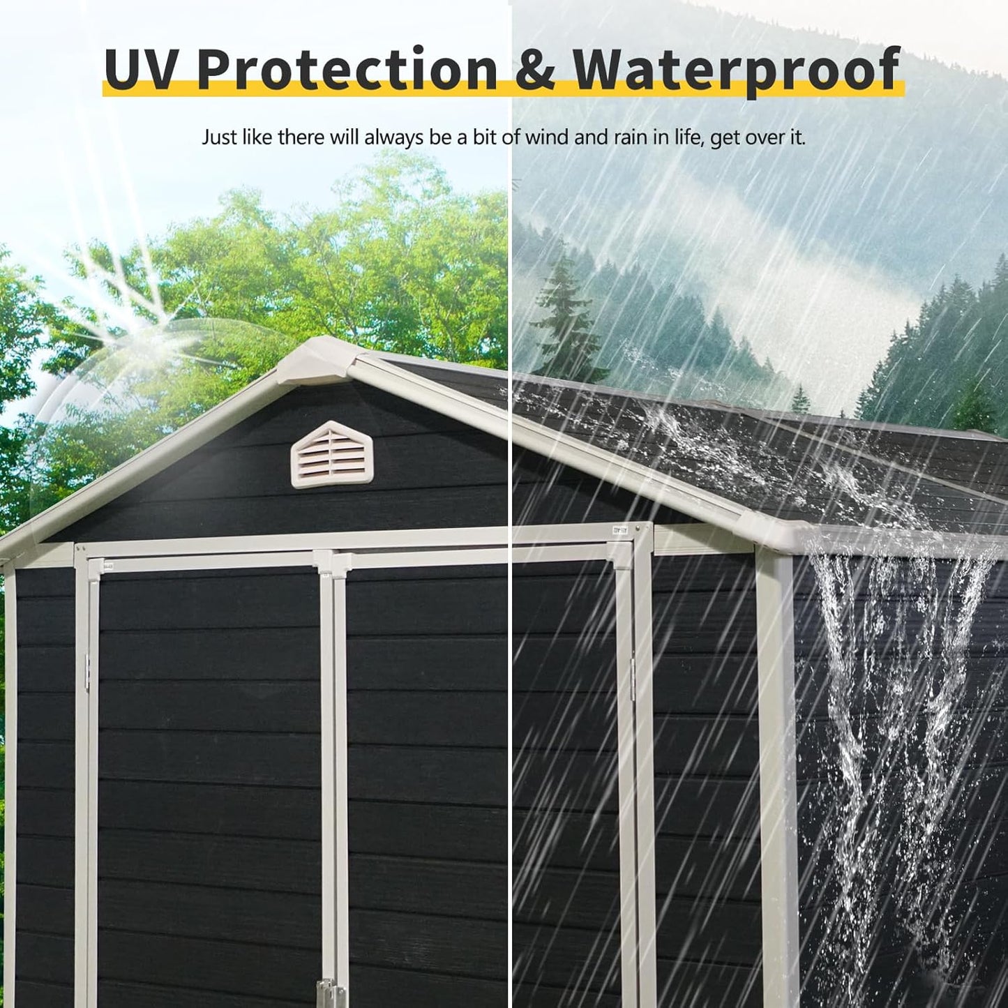 6x8 FT Outdoor Storage Shed, Resin Garden Shed with Thick Floor, Plastic Storage Shed with Window, Waterproof Outside Tool Shed with Lockable Hinged Doors for Backyard, Patio, Lawn, Black