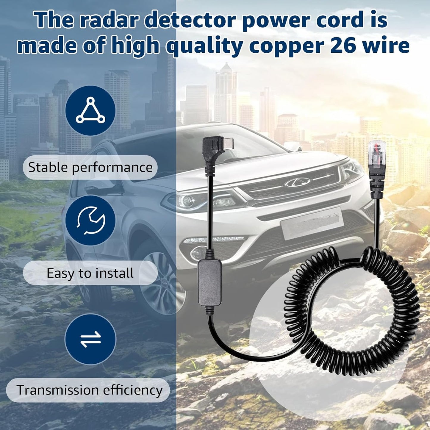 Radar Detector Colied Cord with USB-C to RJ11 Plug Cable 5V-12V Power Cable Compatible with Escort Uniden Radenso XP Beltronics Cobra Whistler 9.8FT Powered for 12V Radar Detectors