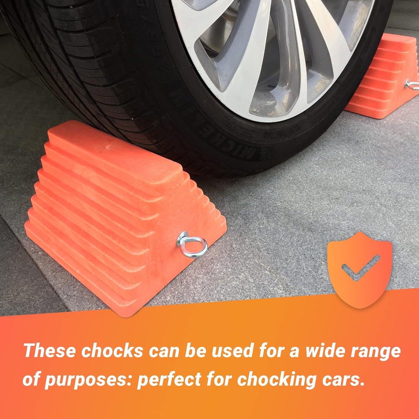 2 Packs Wheel Chocks Heavy Duty Orange with Eyebolt, Vehicle Chock for Travel Trailers, Camper, Truck, Car and ATV, 9.1" Length x 7.1" Width x 5.5" Height
