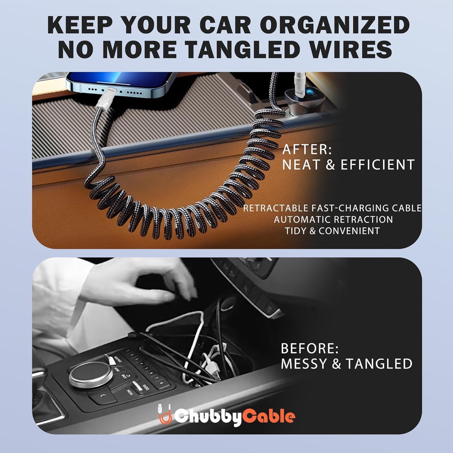 chubbycable Curly Chubby - Retractable Fast Charging Cable 240W Coiled Charger Cord for Car Durable USB-C Cable for Phones, Tablets and More, Dark Blue, USB-A to Type-C, 1.3FT-2.3FT