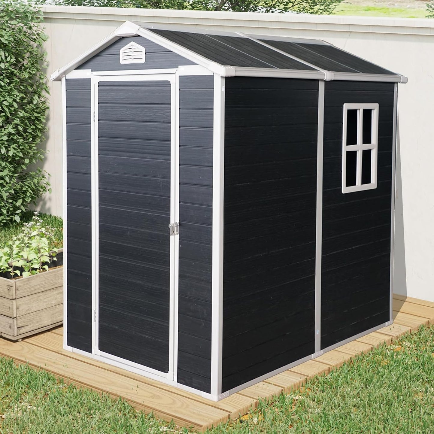 4x6 FT Outdoor Storage Shed, Resin Garden Shed with Thick Floor, Plastic Storage Shed with Window, Waterproof Outside Tool Shed with Lockable Hinged Door for Backyard, Patio, Lawn, Black