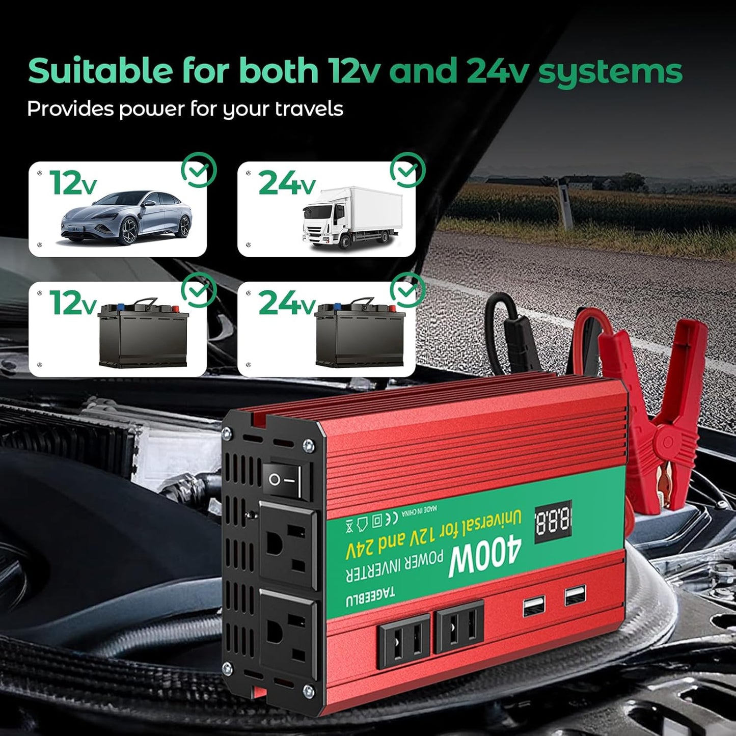 400W Power Inverter, DC 12V/24V to 110V AC Car Inverter for Truck, Home, Vehicles, Laptop, Trip