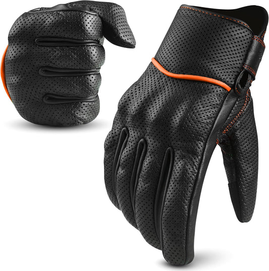 aasportx Motorcycle Gloves - Men's Leather Motorbike Gloves with Touchscreen Function - Non-Slip Pads for Men & Women