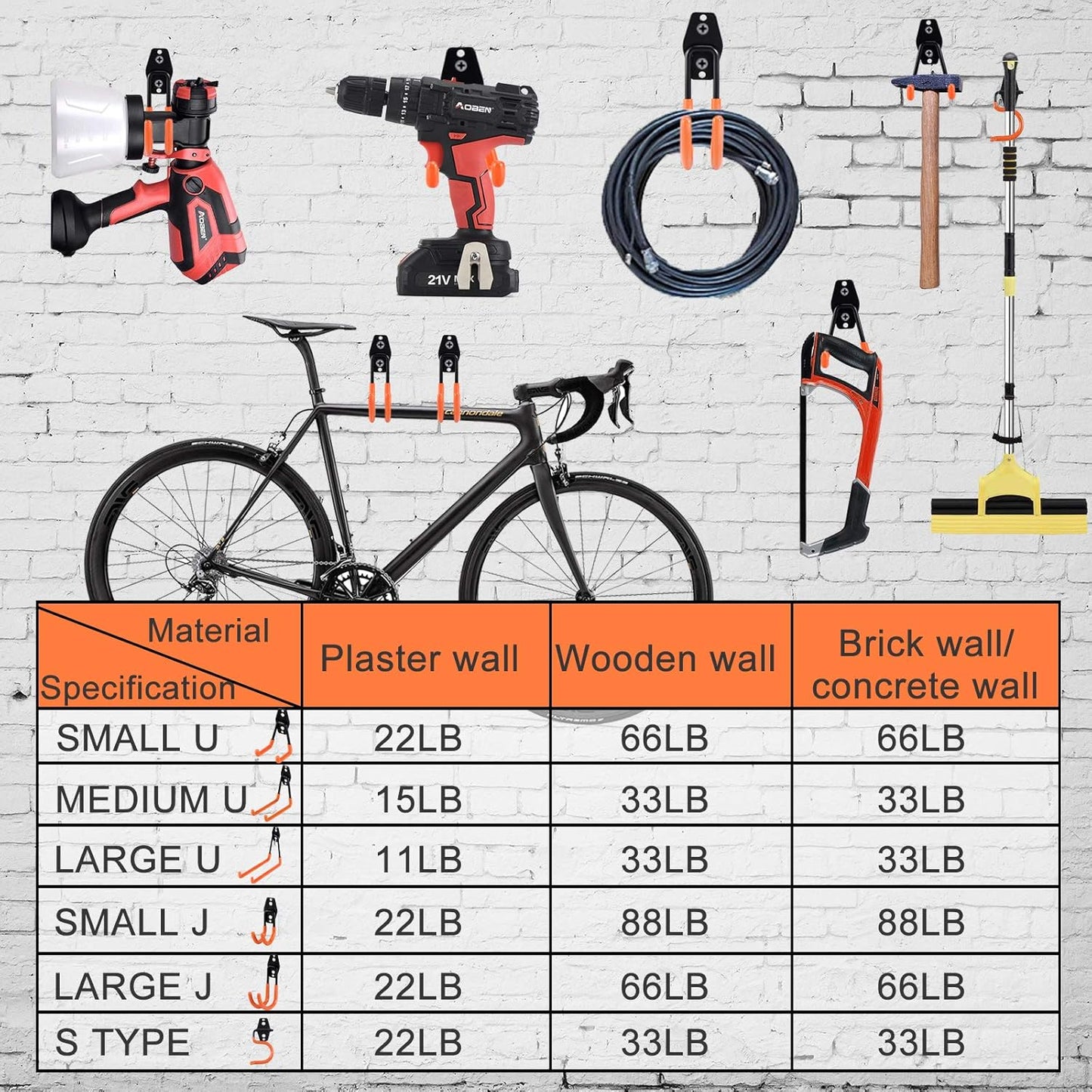 AOBEN Garage Hooks Heavy Duty, Steel Garage Storage Hooks, Utility Tool Hangers and Combinable Wall Mount for Organizing Ladder, Hold Chairs, Heavy Tools (Small U, 10 Pack)