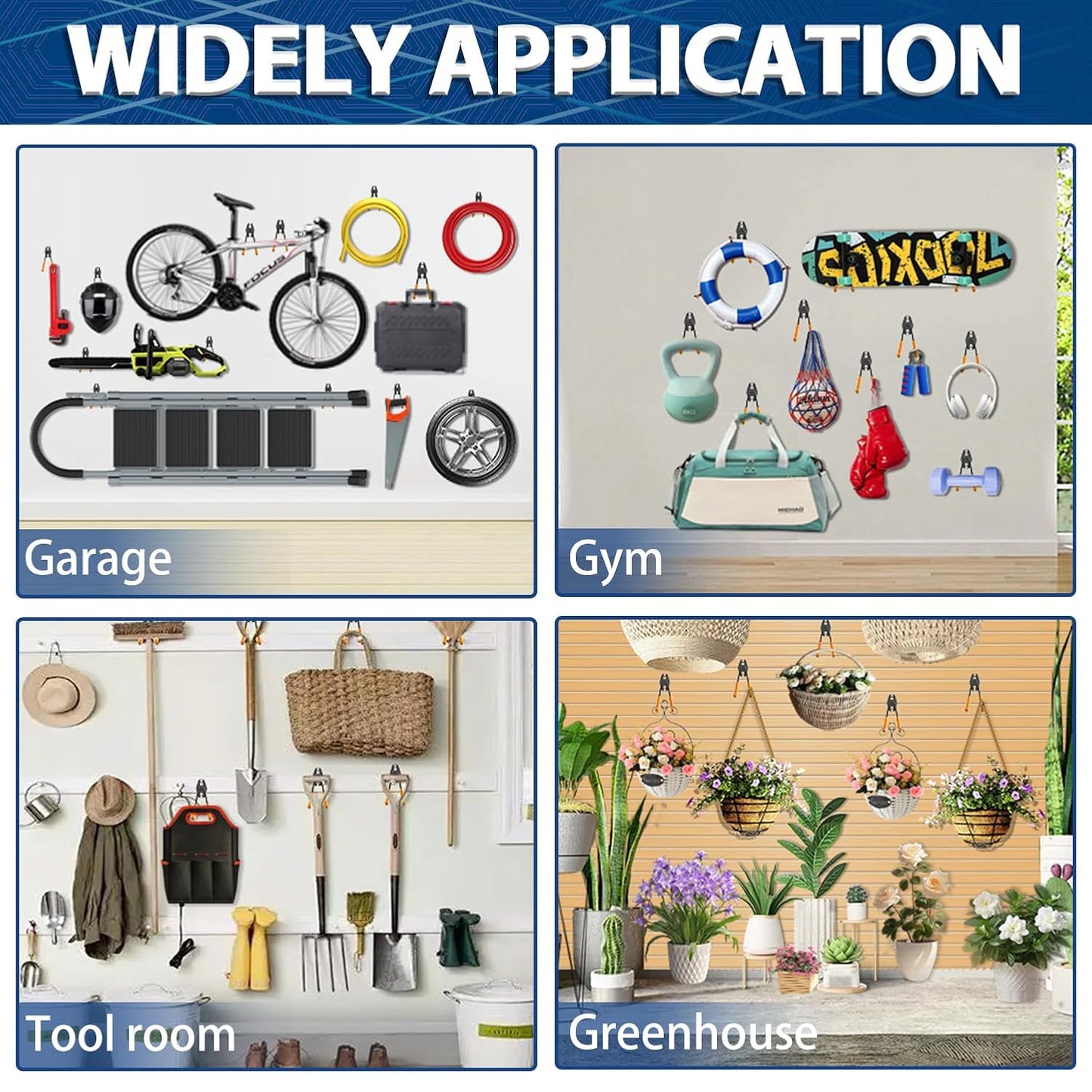 3-H Garage Wall Hooks 14 Pack, Garage Hooks Heavy Duty with Extra Welding Spots, Wall Mount Storage Organizer for Hanging Garden Lawn Tools Ladder Bike WeedEater Chair Shovel Blower (Orange)