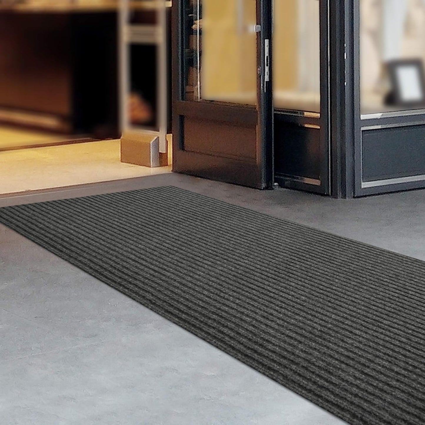 iCustomRug Spartan Weather Warrior Indoor/Outdoor Utility Ribbed Carpet Runner with Non-Slip Thermoplastic Rubber Backing, 3ft X 9ft in Charcoal