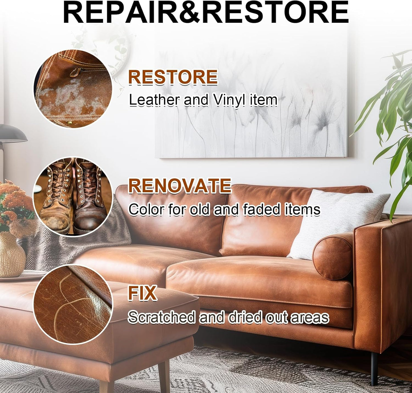 Leather Recoloring Balm Set,Leather Cleaner Restore Conditioner Mink Oil for Leather Repair Kit for Furniture Couches -Revives Repairs Scratches Leather Dye Furniture Polish (Black)