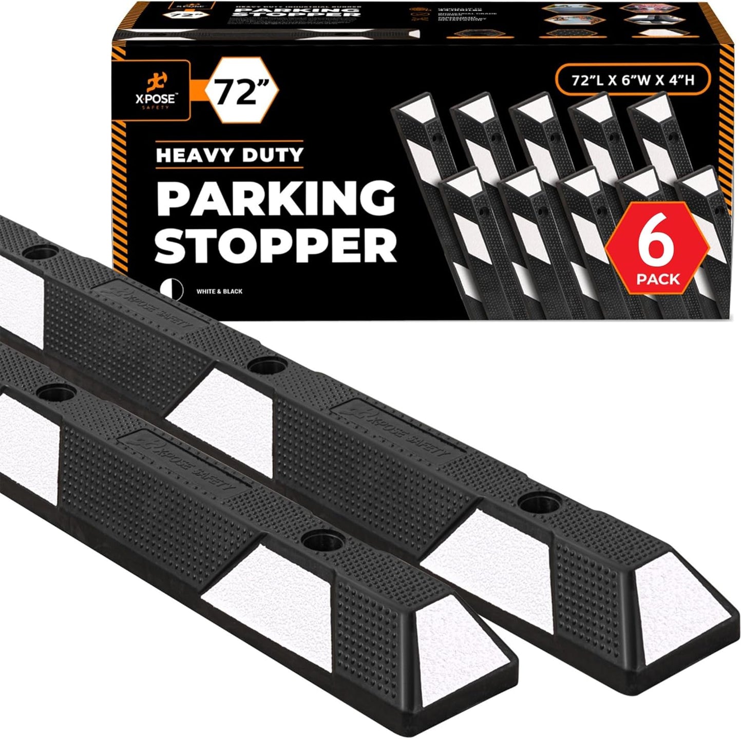 Xpose Safety 72" Heavy Duty Rubber Parking Stopper – 6 Pack Wheel Blocks for Garage, Driveway, or Ramp – Car Bumper Stop with White Reflective Strips – Removable Floor Mount