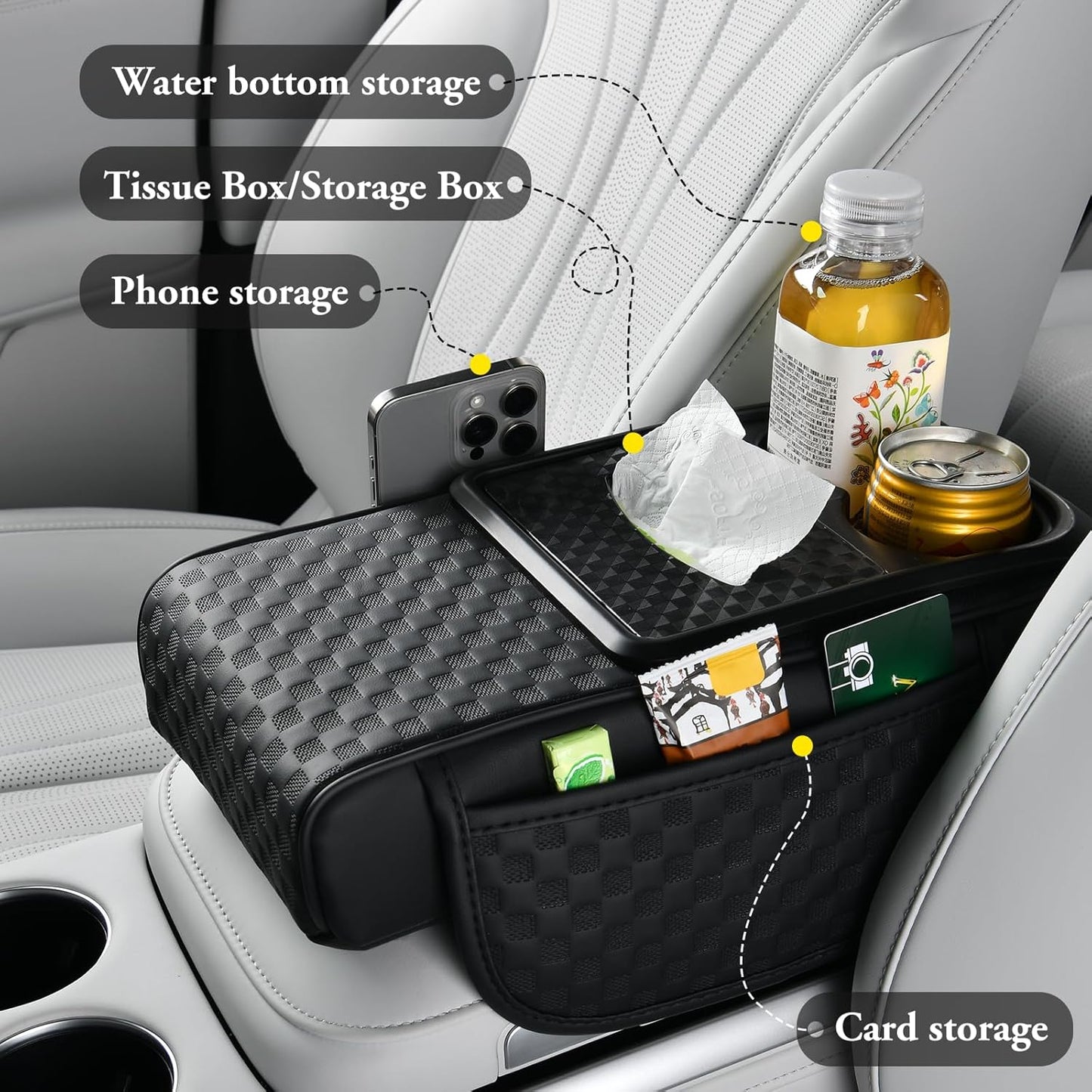 Car Center Console Cover, Armrest Cover for Storing Water Cups, Tissues, Cards, and Phones, 4-in-1 Center Cover with Soft Leather and High Resilience Memory Foam (Black)