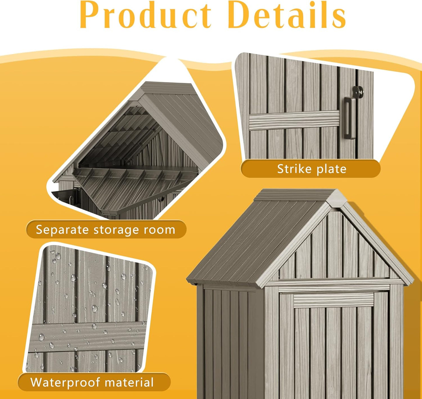 Storage Shed Outdoor Lockable,Waterproof Resin Garden Tool Shed, Heavy-Duty Weather-Resistant Cabinet for Patio, Backyard, or Garage (Grey)