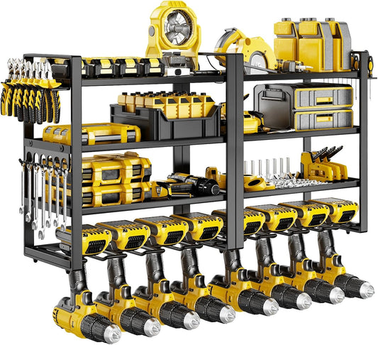 Large Power Tool Organizer Wall Mount, 8 Cordless Drill Holder, 4 Tier Metal Power Tool Shelf Battery Storage with 7 Hooks, Heavy Duty Utility Racks for Garage Workshop, Black