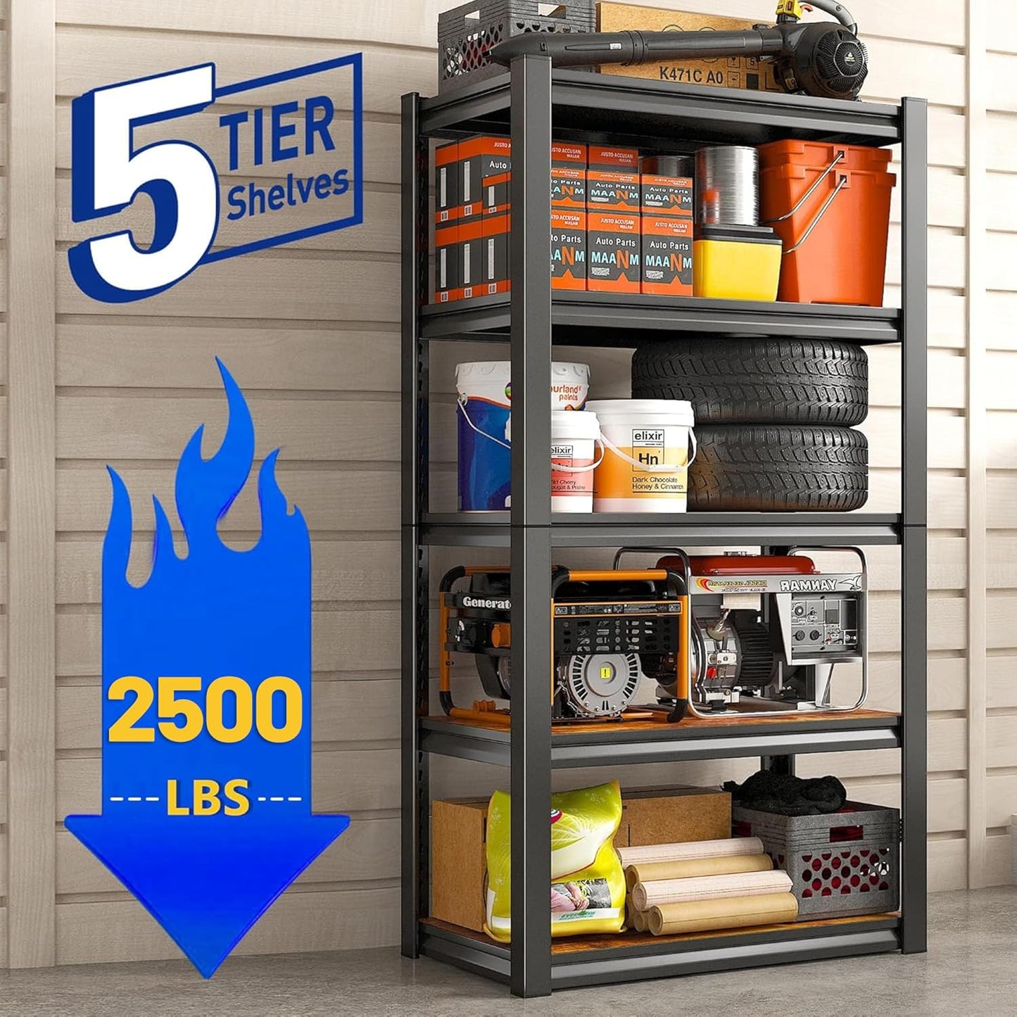 REIBII Storage Shelves 2500LBS Metal Shelving Adjustable Garage Shelving 5 Tier Garage Storage Shelves for Closet Kitchen Pantry 24.4''W X 16.4''D X 60''H